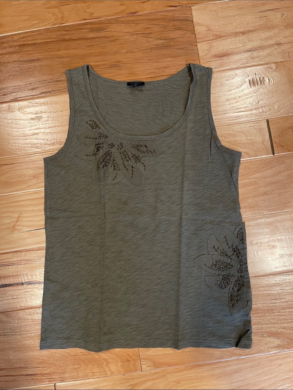 Talbots Olive Scoop Neck Tank with Floral Cutout Embellishments